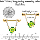 14G 9/16 Clear Gem Gold Hue Lucky Shamrock Dangle Nipple Ring Set