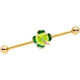14G Clear Gem Gold Tone Lucky Shamrock Industrial Barbell 38mm