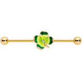 14G Clear Gem Gold Tone Lucky Shamrock Industrial Barbell 38mm