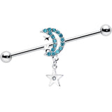 14G Blue CZ Gem Moon Dangle Star Industrial Barbell 38mm