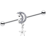 14G Clear CZ Gem Moon Dangle Star Industrial Barbell 38mm