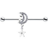 14G Clear CZ Gem Moon Dangle Star Industrial Barbell 38mm
