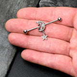 14G Clear CZ Gem Moon Dangle Star Industrial Barbell 38mm