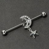 14G Clear CZ Gem Moon Dangle Star Industrial Barbell 38mm