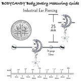 14G Clear CZ Gem Moon Dangle Star Industrial Barbell 38mm