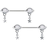 14G 9/16 Clear CZ Gem Starry Saturn Dangle Nipple Ring Set