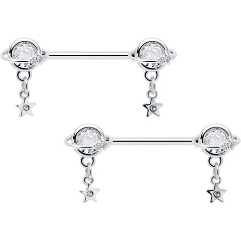 14G 9/16 Clear CZ Gem Starry Saturn Dangle Nipple Ring Set