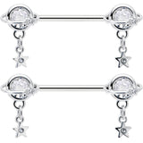 14G 9/16 Clear CZ Gem Starry Saturn Dangle Nipple Ring Set