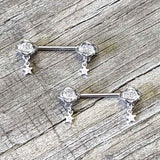 14G 9/16 Clear CZ Gem Starry Saturn Dangle Nipple Ring Set
