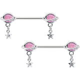 14G 9/16 Pink CZ Gem Starry Saturn Dangle Nipple Ring Set