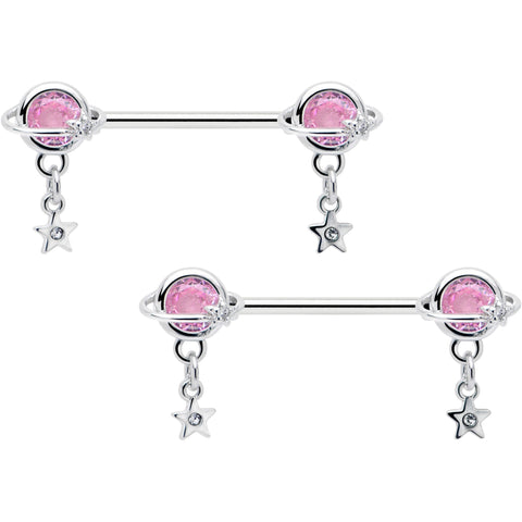 14G 9/16 Pink CZ Gem Starry Saturn Dangle Nipple Ring Set