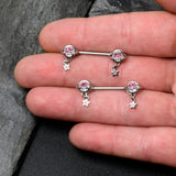 14G 9/16 Pink CZ Gem Starry Saturn Dangle Nipple Ring Set