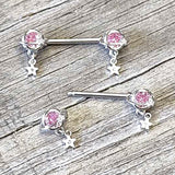 14G 9/16 Pink CZ Gem Starry Saturn Dangle Nipple Ring Set