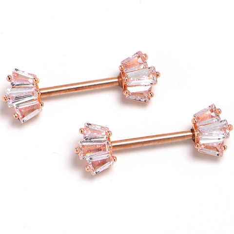 14G 9/16 Clear CZ Gem Rosy Tone Regal Rectangles Nipple Ring Set