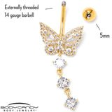 Clear CZ Gem Gold Tone Dramatic Butterfly Dangle Belly Ring