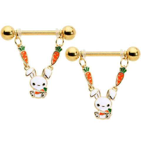 14G 9/16 Gold Tone Cutie Easter Bunny Dangle Nipple Ring Set