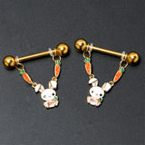 14G 9/16 Gold Tone Cutie Easter Bunny Dangle Nipple Ring Set