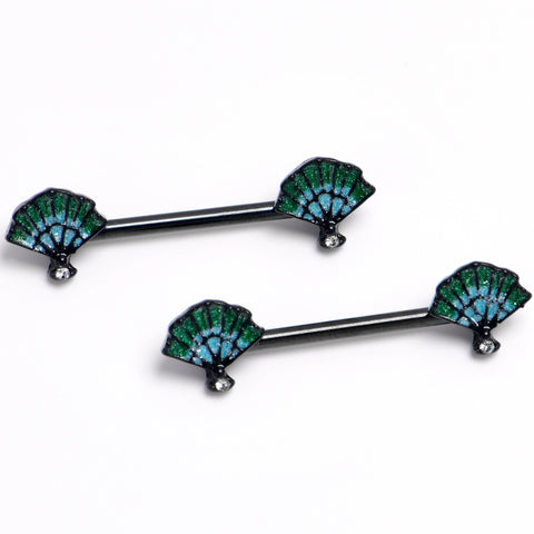 14G 9/16 Black PVD Serenity Ocean Magic Sea Shells Barbell Nipple Ring Set