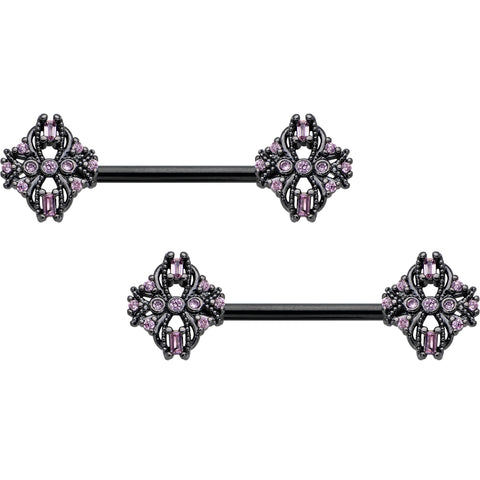 14G 9/16 Pink Gem Black Opulent Cross Barbell Nipple Ring Set