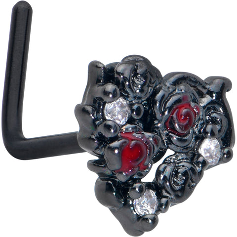 20G 7mm Red Clear Gem Black Floral Heart L Shape Nose Ring