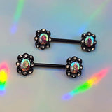 14G 9/16 Aurora Gem Black Filigree Fantasy Barbell Nipple Ring Set