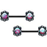 14G 9/16 Aurora Gem Black Filigree Fantasy Barbell Nipple Ring Set