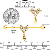 14G Clear Gem Gold Hue Seeing Money Dangle Industrial Barbell 38mm