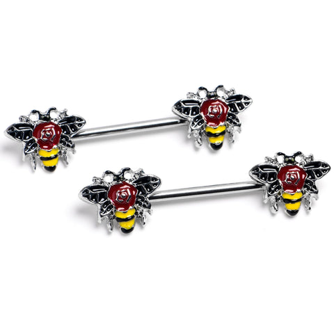 14G 9/16 Buzzing Bee Rose Flower Barbell Nipple Ring Set