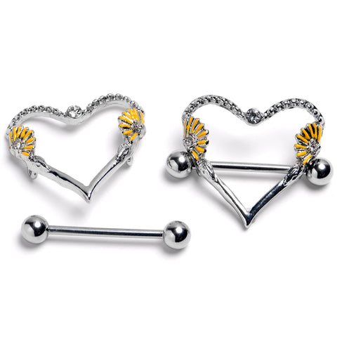 14G 9/16 Alluring Sparking Gem Floral Heart Nipple Shield Set