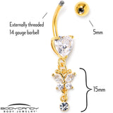 Clear CZ Gem Gold Tone Heart For Butterfly Dangle Belly Ring