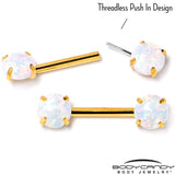 14G 1/2 White Synthetic Opal Gold Tone Threadless Nipple Ring Set