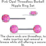 14G 1/2 Pink Synthetic Opal Threadless Barbell Nipple Ring Set