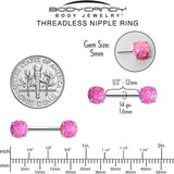 14G 1/2 Pink Synthetic Opal Threadless Barbell Nipple Ring Set
