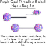 14G 1/2 Purple Synthetic Opal Threadless Barbell Nipple Ring Set