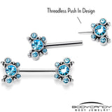 14G 9/16 Blue CZ Gem Circles Threadless Barbell Nipple Ring Set