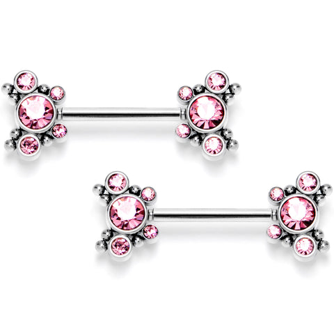 14G 9/16 Pink CZ Gem Circles Threadless Barbell Nipple Ring Set