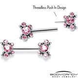 14G 9/16 Pink CZ Gem Circles Threadless Barbell Nipple Ring Set