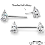 14G 9/16 Clear CZ Gem Style Threadless Barbell Nipple Ring Set