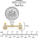 14G 9/16 Clear CZ Gem Gold Tone Style Threadless Nipple Ring Set