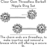 14G 9/16 Clear CZ Gem Flower Threadless Barbell Nipple Ring Set