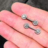 14G 9/16 Clear CZ Gem Flower Threadless Barbell Nipple Ring Set