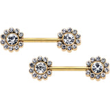 14G 9/16 Clear CZ Gem Gold Tone Flower Threadless Nipple Ring Set