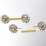 14G 9/16 Clear CZ Gem Gold Tone Flower Threadless Nipple Ring Set