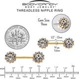 14G 9/16 Clear CZ Gem Gold Tone Flower Threadless Nipple Ring Set