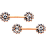 14G 9/16 Clear CZ Gem Rosy Tone Flower Threadless Nipple Ring Set