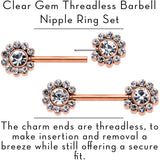 14G 9/16 Clear CZ Gem Rosy Tone Flower Threadless Nipple Ring Set