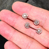 14G 9/16 Clear CZ Gem Rosy Tone Flower Threadless Nipple Ring Set