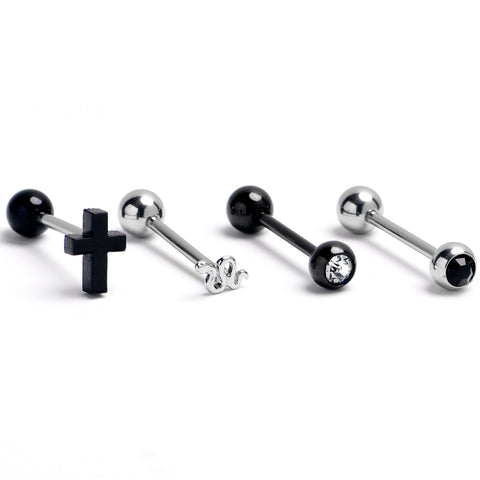 Black Clear Gem Snake Cross Barbell Tongue Ring Set of 4