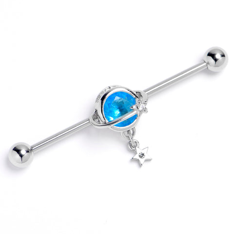 14G Blue Clear Gem Starry Saturn Industrial Barbell 38mm