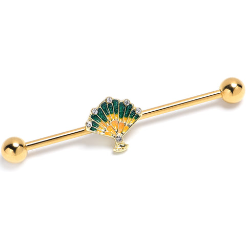 14G Clear CZ Gem Gold Tone Glamour Fan Industrial Barbell 38mm
